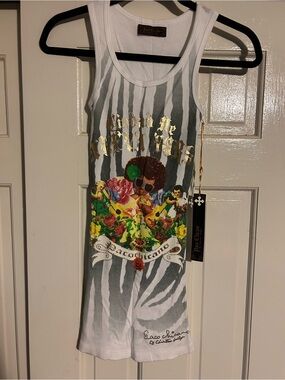 Christian Audigier Paco Chicano Multicolor Floral & Gold Foil Graphic Tank